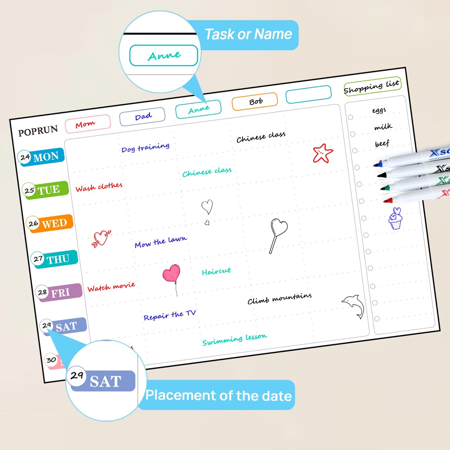 POPRUN Magnetic Weekly Family Planner Whiteboard Calendar for Fridge, A3 Meal Planner Board,Chores Chart for Family and Kids, Fridge Calendar Monday to Sunday, Dry Erase Board for Menu,Memo 43 x 28 cm