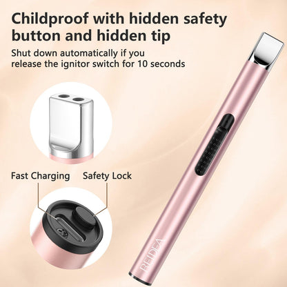 REIDEA Candle Lighter Long USB Rechargeable Arc Windproof Flameless with Safety Switch Buttom for Home Kitchen BBQ Camping Stove
