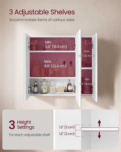 VASAGLE BBK22WT Bathroom Wall Cabinet with Mirror, 3 Door Storage Unit, 60 x 15 x 55 cm, with Adjustable Shelf, Modern, White BBK22WT