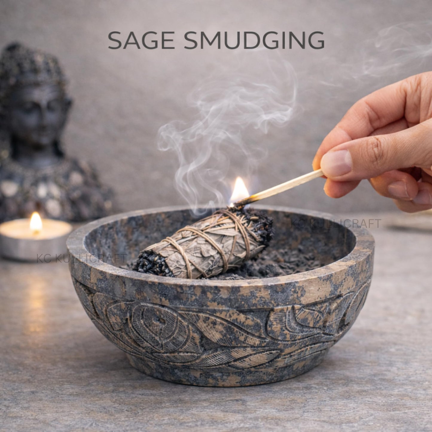 KC KULLICRAFT Marble Soapstone Natural Smudge Pot | Stone Bowl | Scrying And Smudge Bowl (Scrying - Bowls & Mirrors) (5 Inch) From India. Handmade Leaf Carved Design.