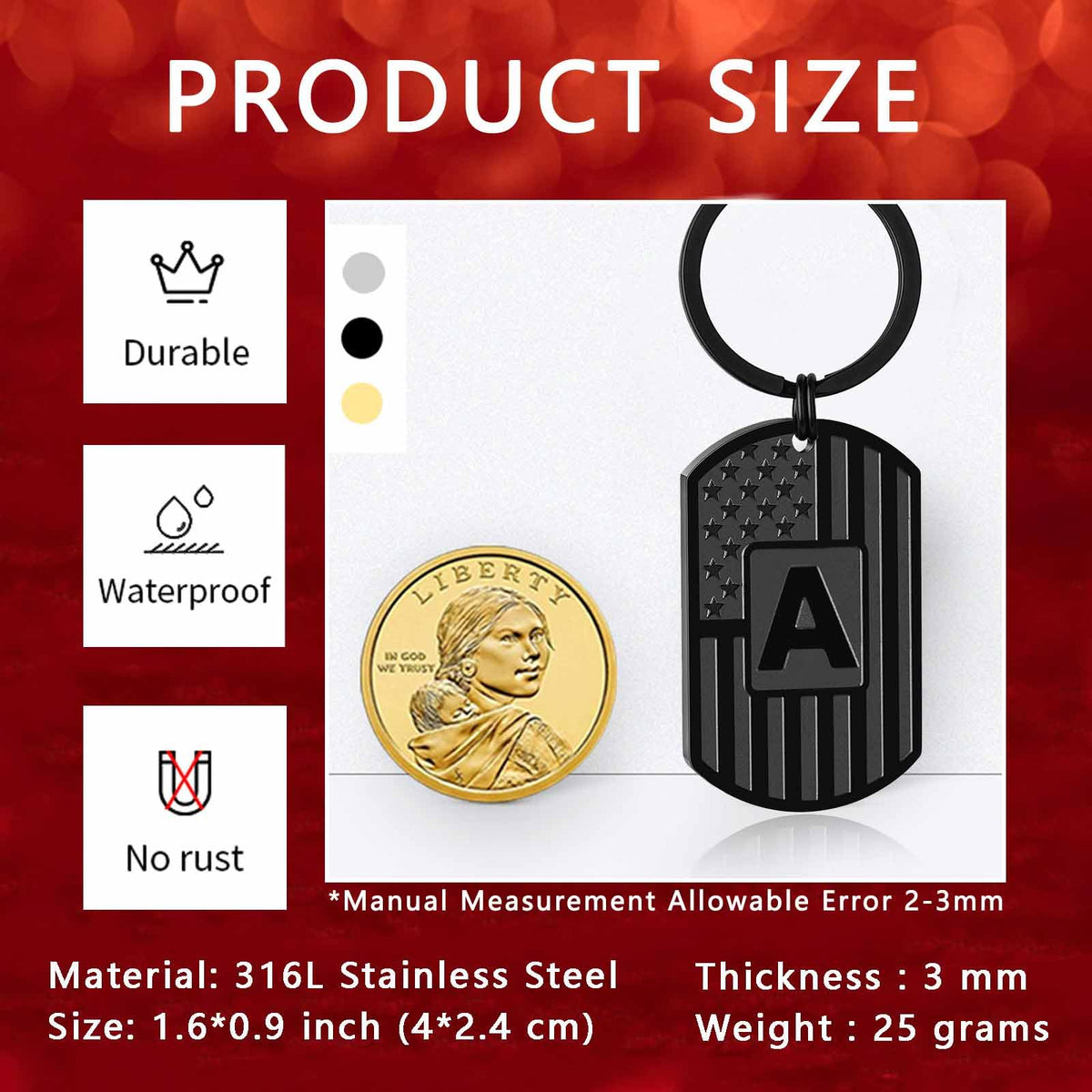 Miss Chipmunk Initial Keychain Gifts for Men,A-Z Letter American Flag Dog Tag Stainless Steel Keychain,Mens Accessories Gift (Black, Letter B)