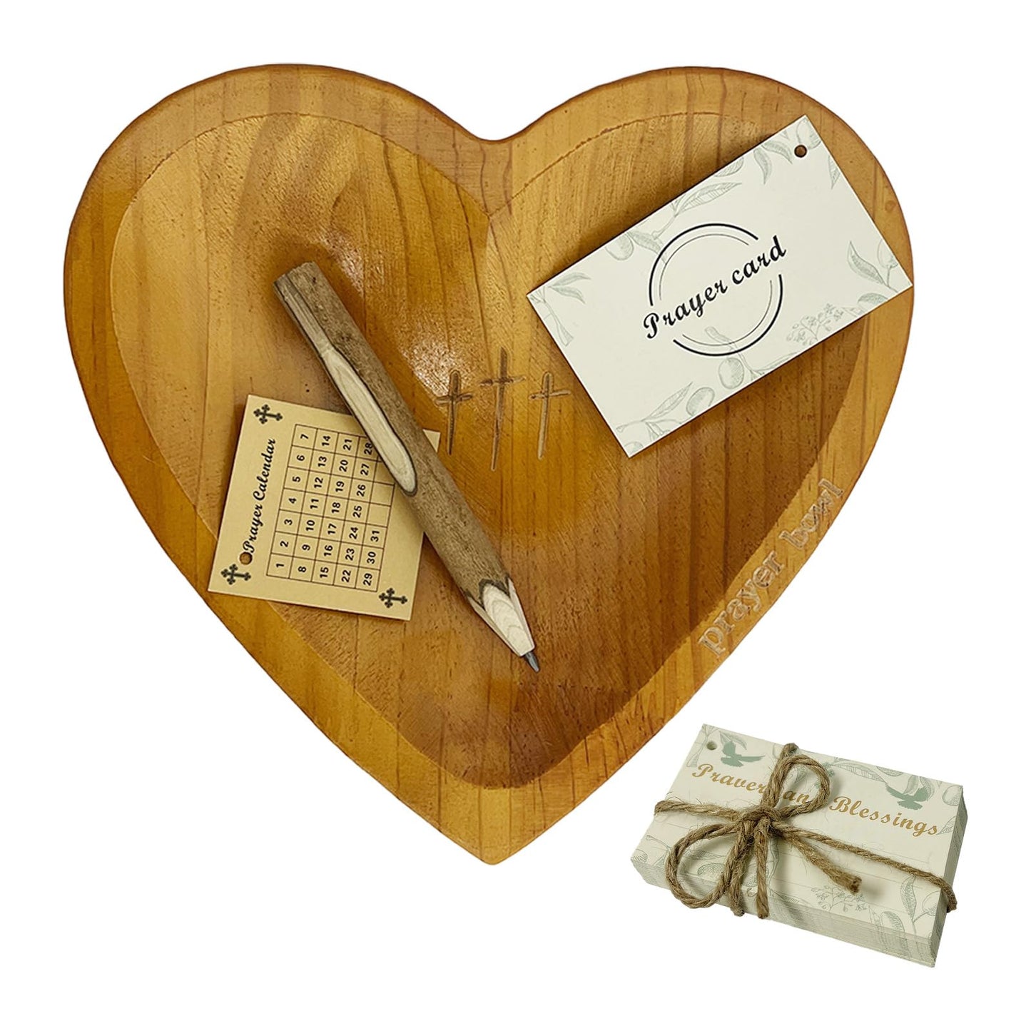 Pawnoc Heart Prayer Bowl with 30 Cards, Meaningful Gift for Friend, Handcrafted Wooden Bowl with Cross, Christian Decor, Religious Gift for Women, Mom, Dad, Daughter, or Husband, Perfect for Easter