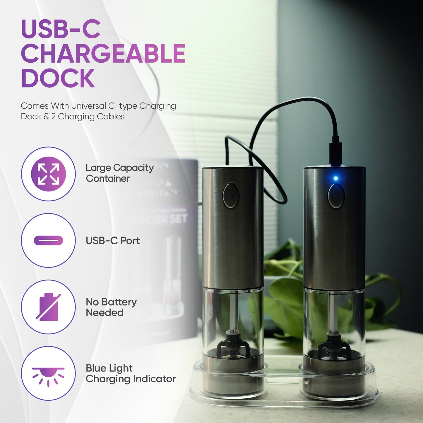 Meditati Rechargeable Automatic Salt and Pepper Grinder Set - One Hand Operation with LED Light for Precise Seasoning - Adjustable Coarseness with Ceramic Core - Set of 2