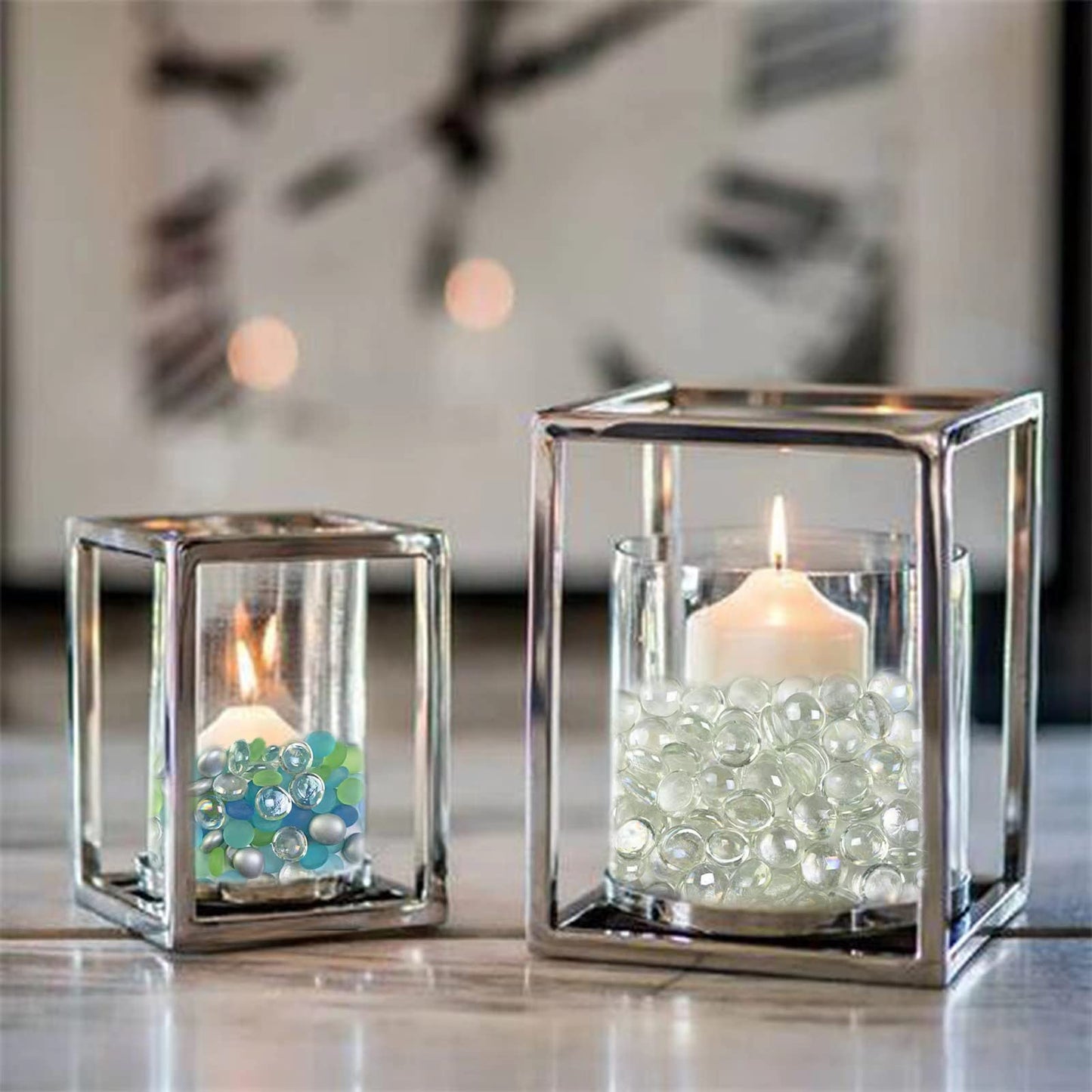 HappyFiller 5 LB 500 Pcs Clear Flat Marbles Glass Gems for Vase Filler Decorative Candle Holder Stones Fountain Rocks,Aquarium Fish Tank Pebbles,Fire Pit Glass Beads Fireplace Decor