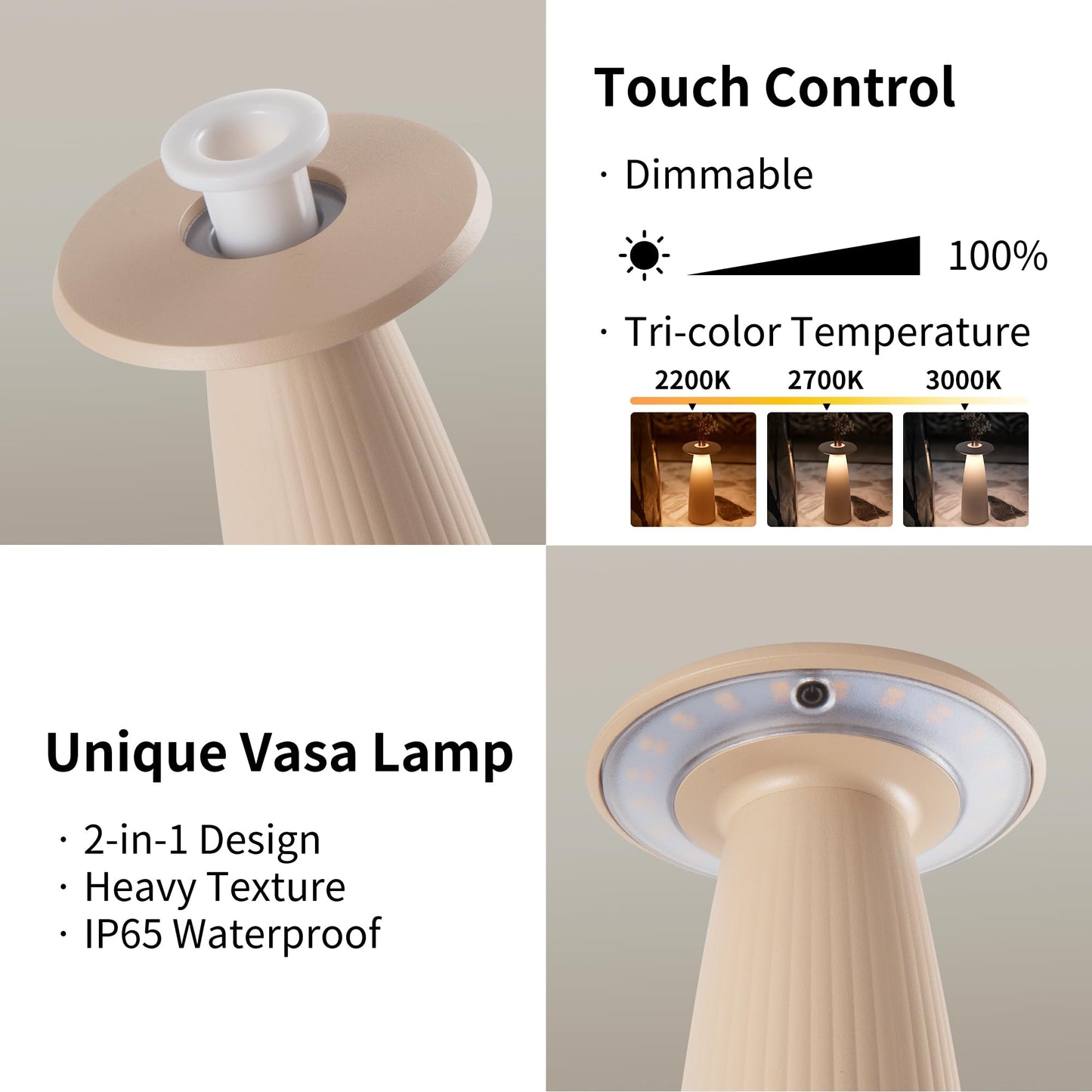UBIQUA 2-in-1 Cordless Table Lamp - Flora MINI, Vase Lamp with Magnetic Charging, Dimmable & Adjustable Lighting, IP65 - Rechargeable LED Lamp for HoReCa, Living Room, Outdoor Use (Sand)
