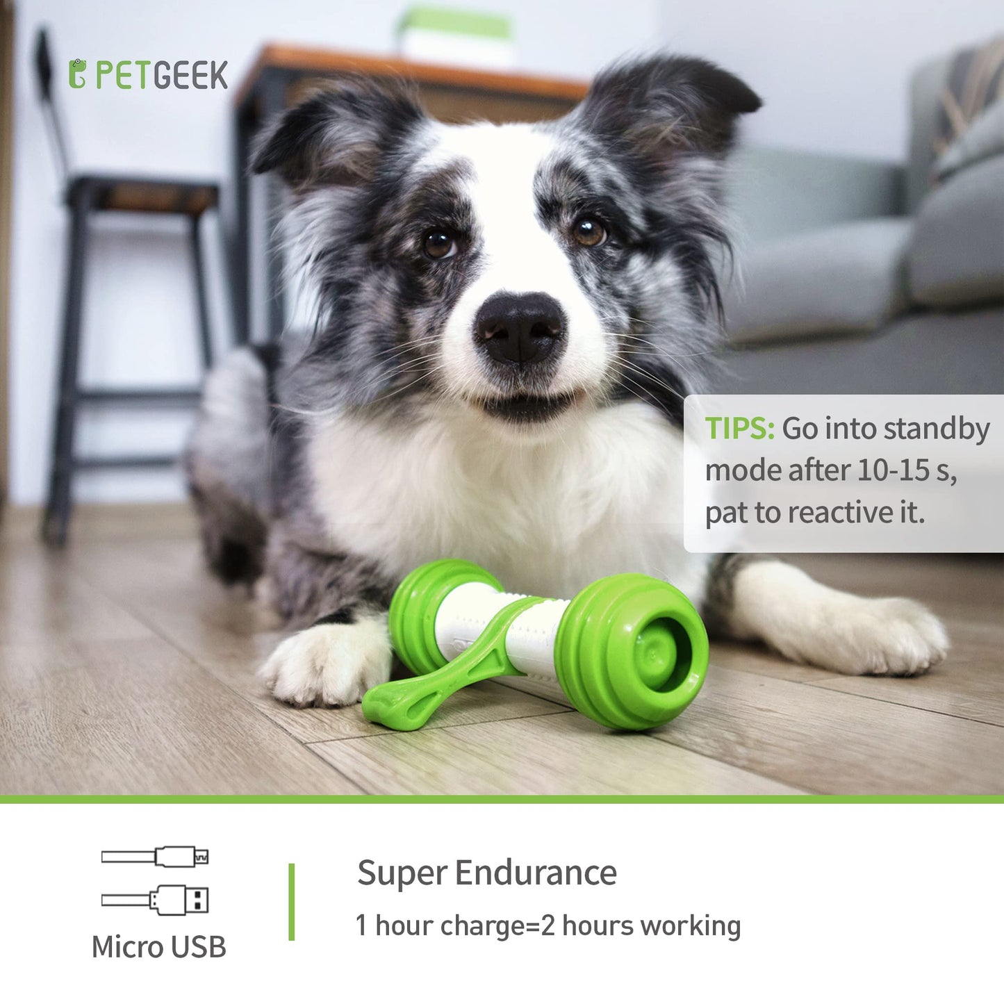 PETGEEK Interactive Dog Toys, Motion Activated Electronic Dog Toy Interactive Dog Bone Toys for Medium Large Dogs, USB Rechargeable Automatic Dog Toy for Boredom and Stimulating (Green)