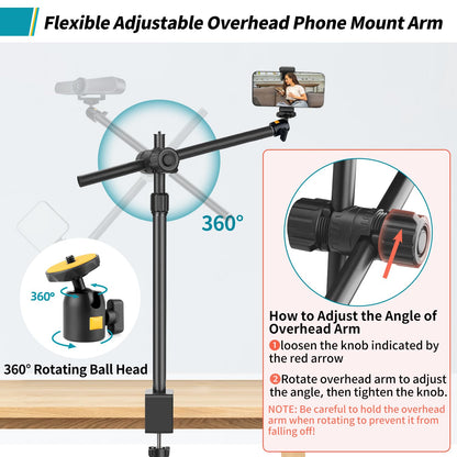 Overhead Camera Mount Desk Stand, Camera Arm Desk Mount Clamp Stand with 360°Adjustable Magic Arm, Webcam Arm Mount Stand w Ballhead Phone Mount for Desk Logitech Microphone Video Light Cell Phone