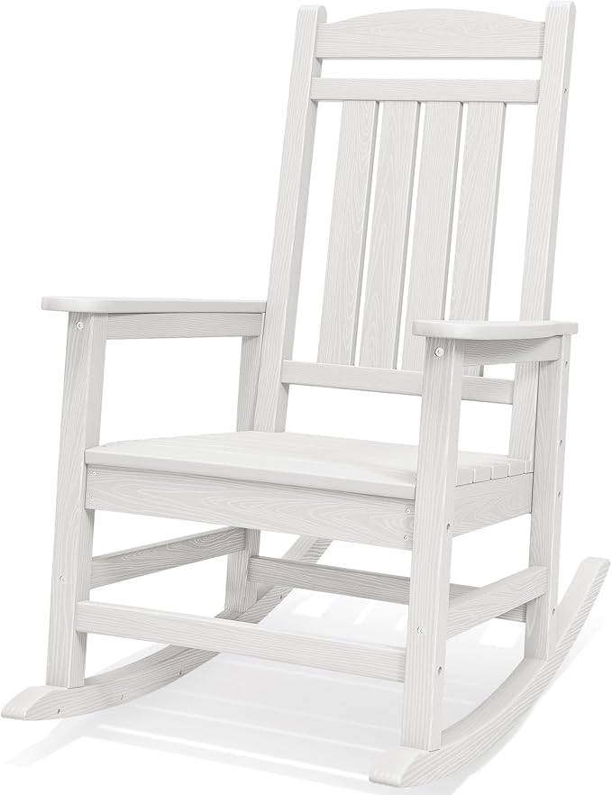 SERWALL Oversized Outdoor Rocking Chair, All-Weather Patio Rocking Chair, HDPE Porch Rocker for Adults, White
