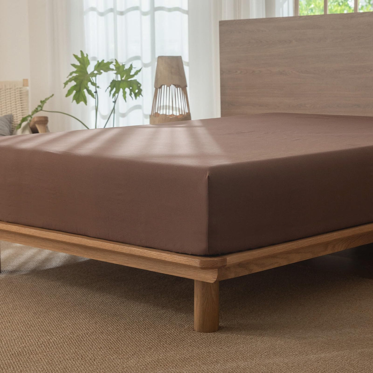 MooMee Fitted Bottom Sheet Only 100% Washed Cotton Linen Like Textured Breathable Durable Soft Comfy Deep Pocket Fits Mattress up to 17" (Cocoa Brown, Queen)