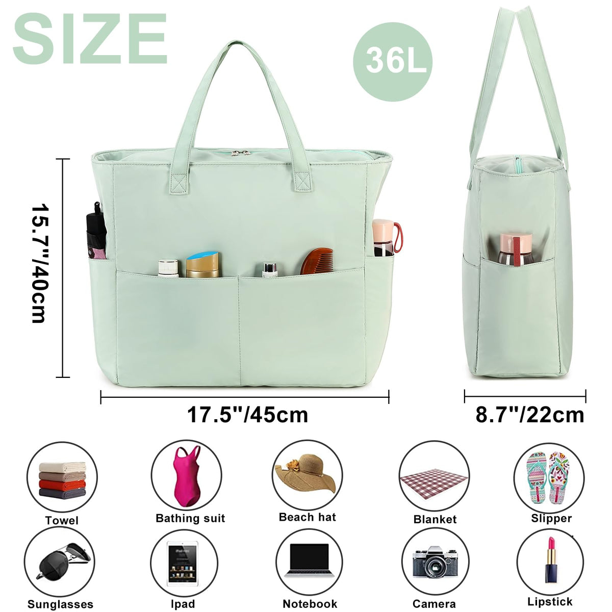 Waterproof Beach Tote Pool Bags for Women Ladies Extra Large Gym Tote Carry On Bag With Wet Compartment for Weekender Travel (Light green)