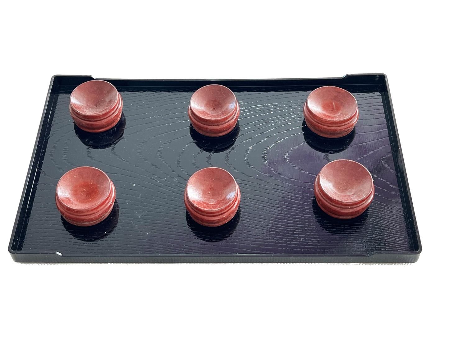 Large Black Woodgrain Tray w/ 6 x Round Wood Base for Geods, Fossils, Rock Spheres, Crystals & Healing Stones Display Holder