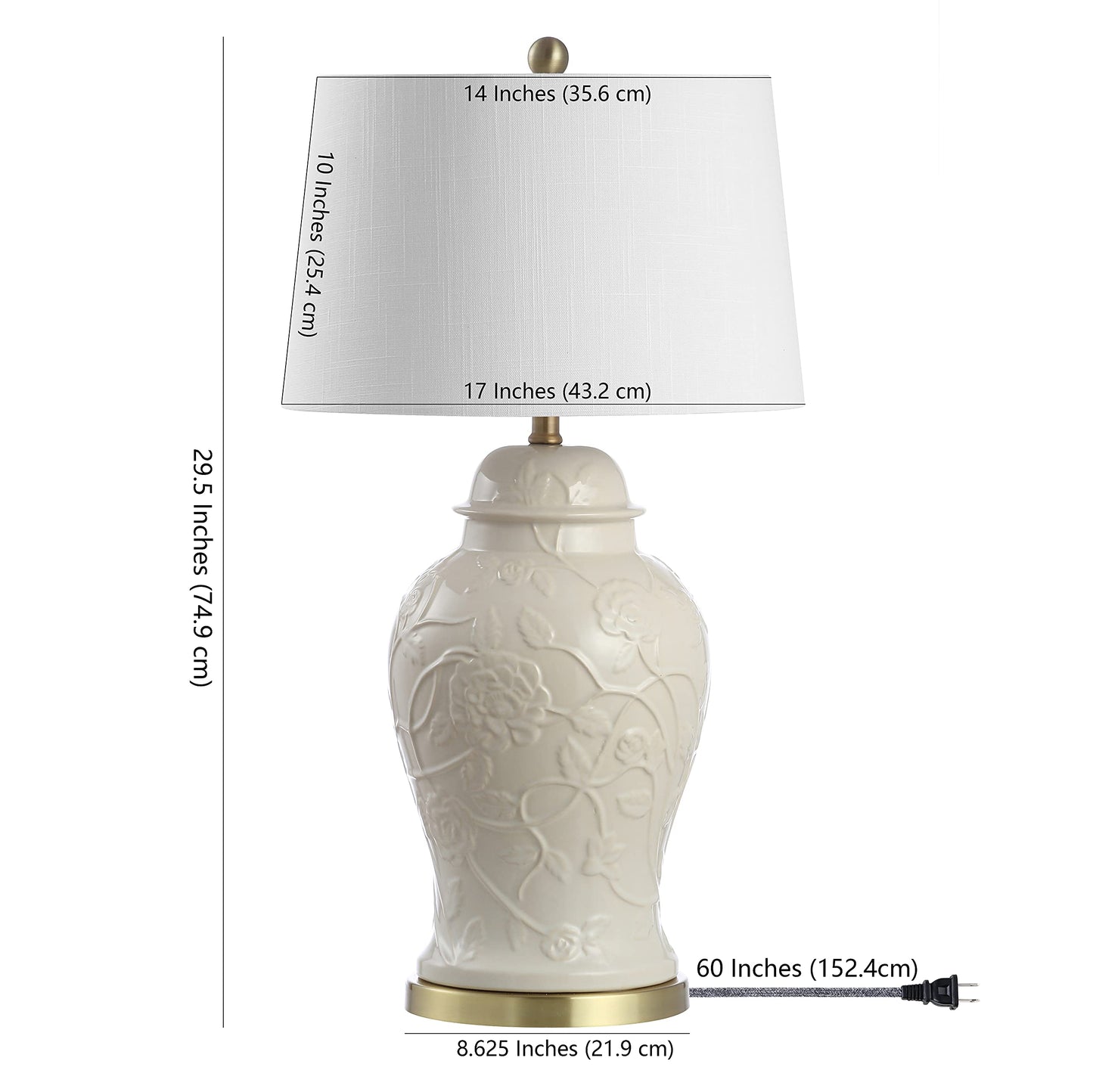 JONATHAN Y 29.5" Cream Ceramic Chinoiserie Table Lamp, Traditional Ginger Jar Lamp for Living Room Bedroom, White Linen Empire Shade, Brass Gold Base, LED Bulb Included JYL6604A