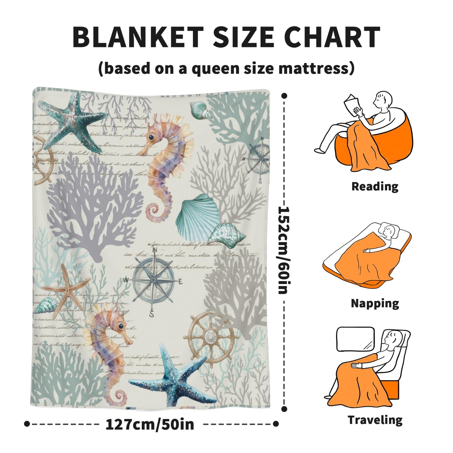 Nautical Coastal Blanket - Starfish Coral Seashell Compass Throw Blankets for Couch Chair Decor, Teal Blue Ocean Themed Lightweight Soft Fuzzy Cozy for Sofa Bed Room 50 x 60 Inch