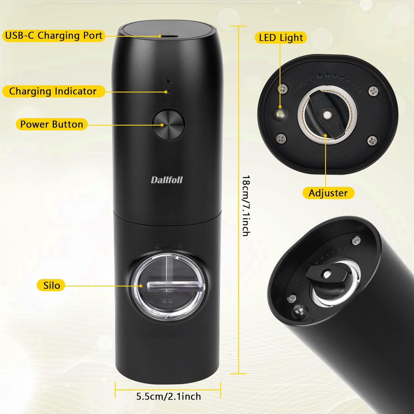 Dallfoll Electric Salt and Pepper Grinder, Rechargeable Salt and Pepper Mills with LED Light, Adjustable Grind Coarseness