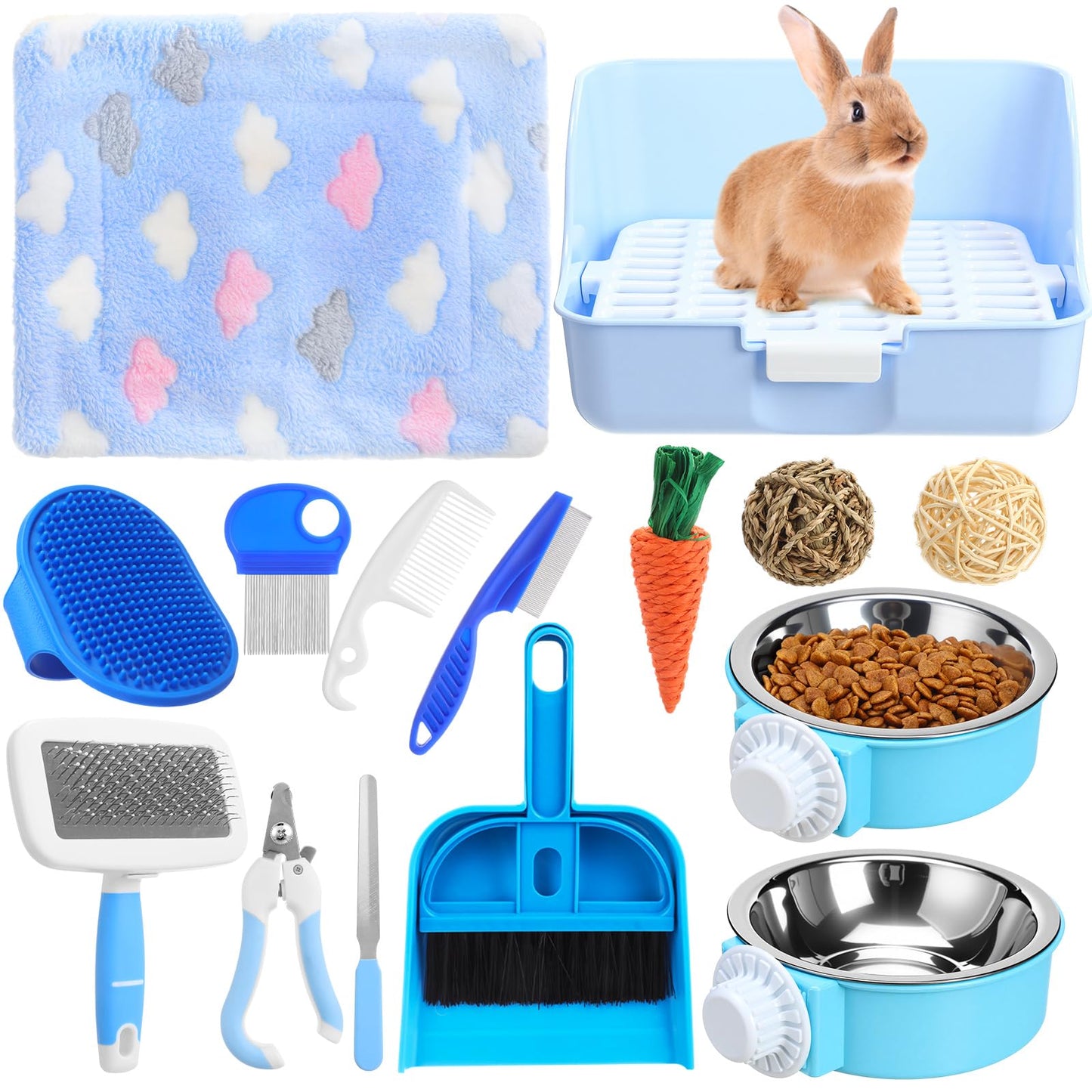 Reallnaive 15 Pcs Rabbit Starter Kit Small Rabbit Litter Box Girls Gift Animal Grooming Kit Bunny Toys Bowl Blankets with Cleaning Set for Guinea Pig Accessories(Candy Blue)