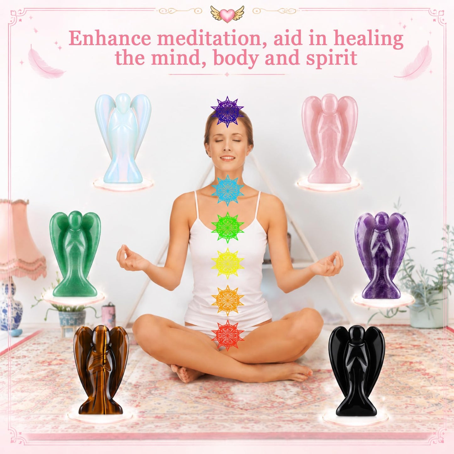 Hicarer 6 Pcs Small Crystal Angel Figurines Mini Guardian Statue Natural Gemstone Carved Pocket Crystal Figurines Stones Decor Gift Love Peace Healing (2 Inch,Multi Color)