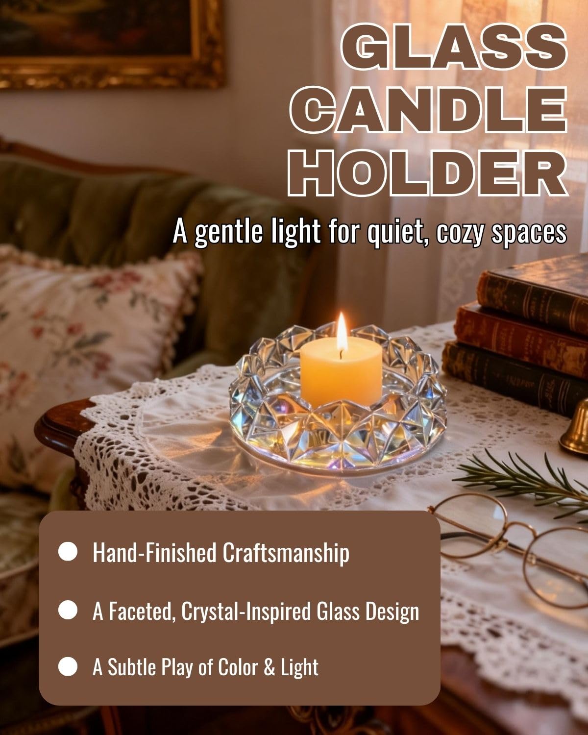 Loyipu Geometric Glass Candle Holder for 3-Wick Candles – 6in Large Crystal Candle Tray for Large Jar Candles, Scented Candles & Diffusers (Crystal Iridescent)