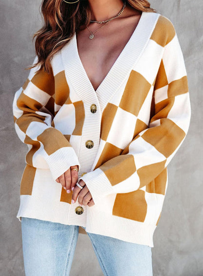 Dokotoo 2025 Early Fall Fashion Chunky Cardigan Sweaters for Women V Neck Button Up Long Sleeve Plaid Knit Sweater Casual Loose Checkered Chocolate Brown Fall Clothes Womens Cardigans Outerwear L