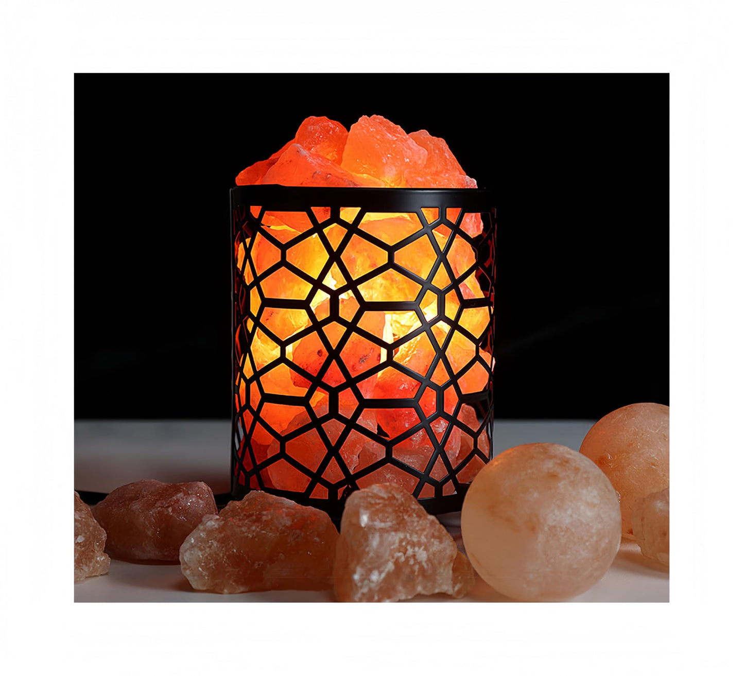 Himalayan Decorative Salt Basket Lamp with Salt Chunks, Natural Pink Salt Rock Lamp, Metal Basket Accent Light with Warm Amber Illumination, Ideal for Home, Offices, Gift (UL & FCC Certified)