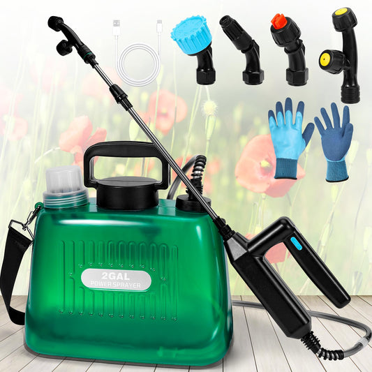 WYRJXYB Battery Powered Sprayer 2 Gallon, Upgrade Electric Garden Sprayer with 4 Mist Nozzles,USB Rechargeable Handle,31in Telescopic Wand,1 Glove,Portable Garden Sprayer for Yard Lawn Garden Watering