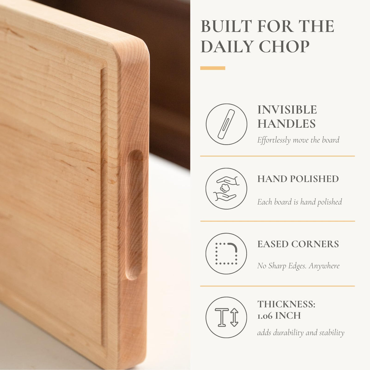 Vandroop Hard Maple Cutting Board for Kitchen - 16"x10"x1.06" Reversible Wood Chopping Board with Juice Groove, Edge Grain Butcher Block
