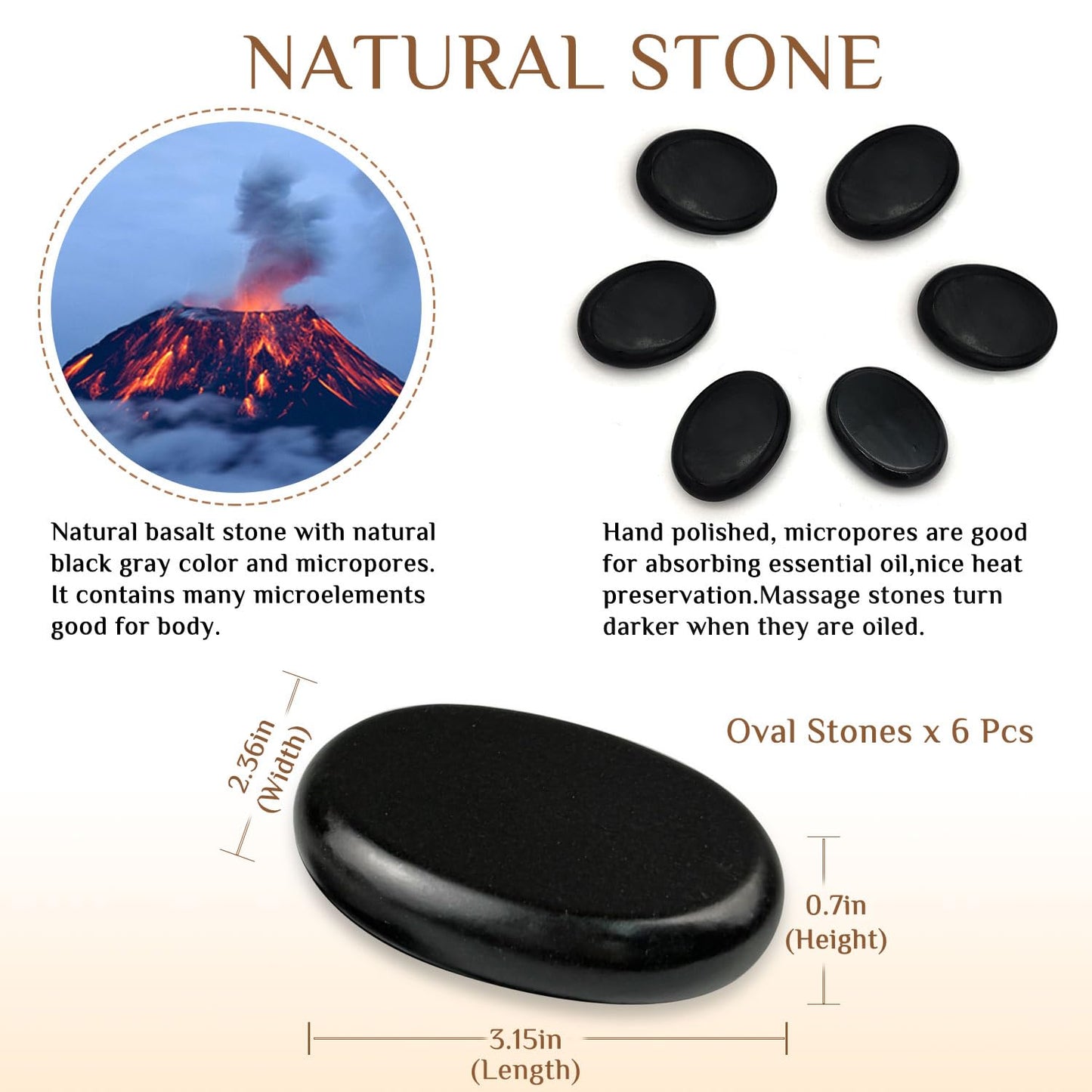 HDYAR Hot Stones Massage Set - 6 Large Oval Basalt Hot Stones Massage Kit, 2.36 * 3.15 Inch Hot Rocks Massage Stones for Professional or Home SPA, Relaxing, Healing, Pain Relief
