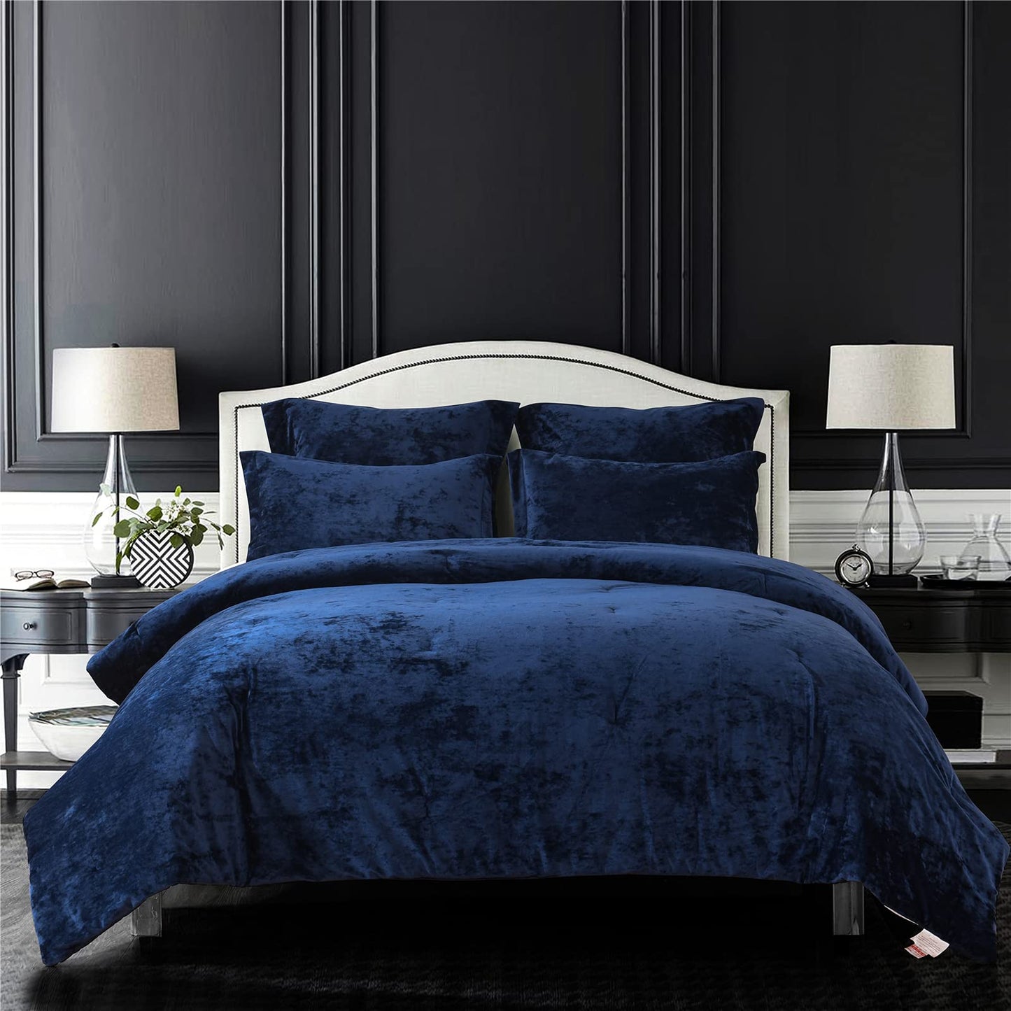 Sunshine Nicole Distressed Velvet Comforter Set, Distressed Velvet Face and Brushed Solid Microfiber Reverse, with Light Weight Soft Poly Fill, 5 Pieces Navy, King