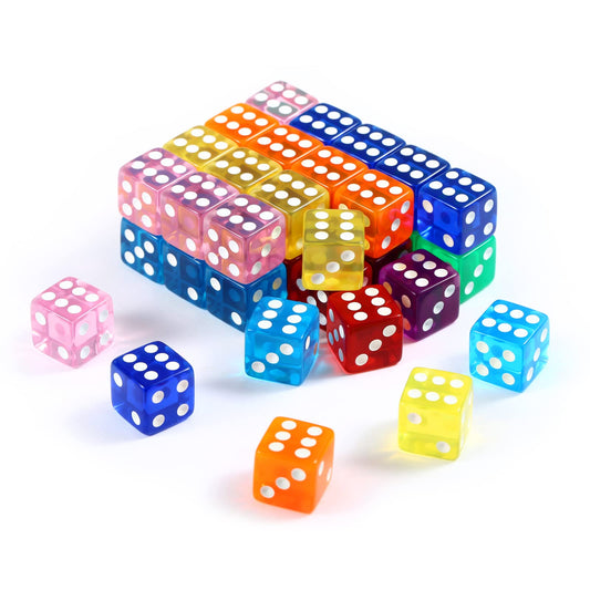 Yinsun 40 Pieces 16mm Colored Dice Set，6 Sided Bulk Dice for Board Game, Teaching Math - Square Dice, 8 Translucent Colors