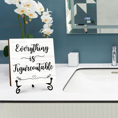 Inspirational Office Gifts for Women, White Desk Decor, Everything Is Figureoutable Wooden Sign with Stand, Birthday Gifts for Men Friends Coworkers, Motivational Office Decor, 5"x5"-A02