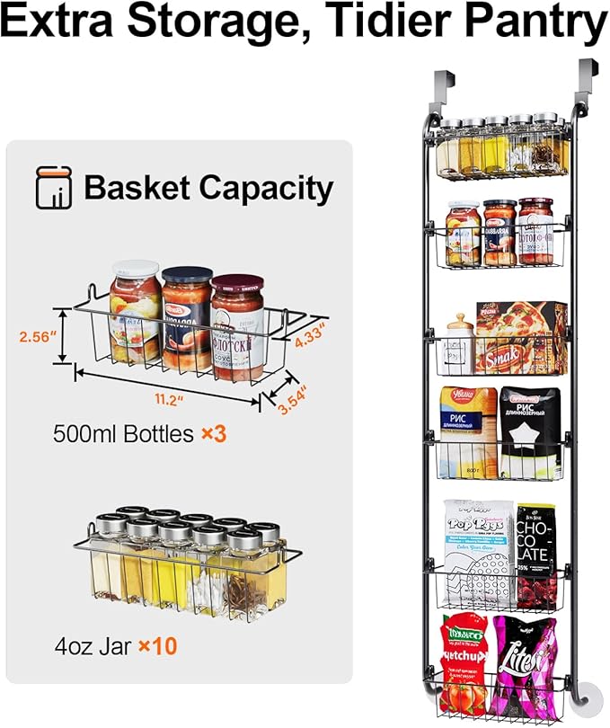Delamu Narrow Over the Door Pantry Organizer, 6-Tier Metal Pantry Door