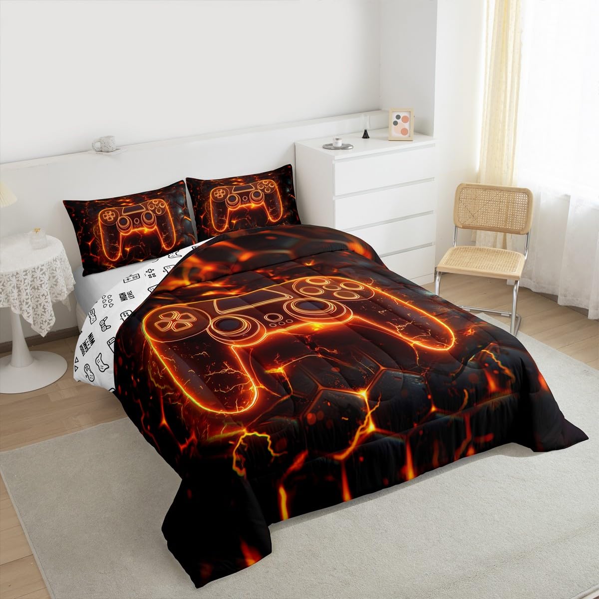 Manfei Gaming Gamepad Kids Comforter Set Twin Size,Modern Video Games Controller Bedding Set,Boys Men Room Decor,Neon Geomotric Honeycomb Hexagon Down Comforter,Black Orange Duvet Insert,1 Pillowcase