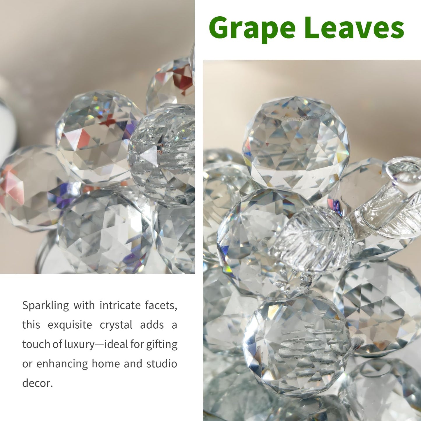 Grape Cluster Crystal Decor Sculpture, Sparkling High-Transparency Faceted Design, Luxurious High-End Crystal with Mirror Base, Elegant Home/Office Display, Gift for Collectors & Fruit Lovers (White)