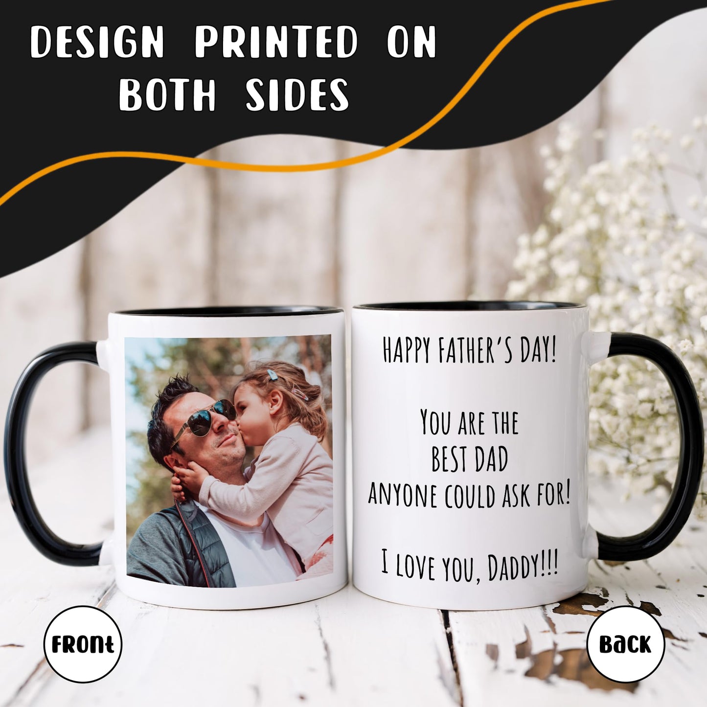 Giftbees Personalized Coffee Mug, Custom Picture Text or Logo Ceramic Mug, Customized Gift for Men & Women, Taza Personalizada with Photo and Words, Customizable 11 Oz Tea Cup | White - Black