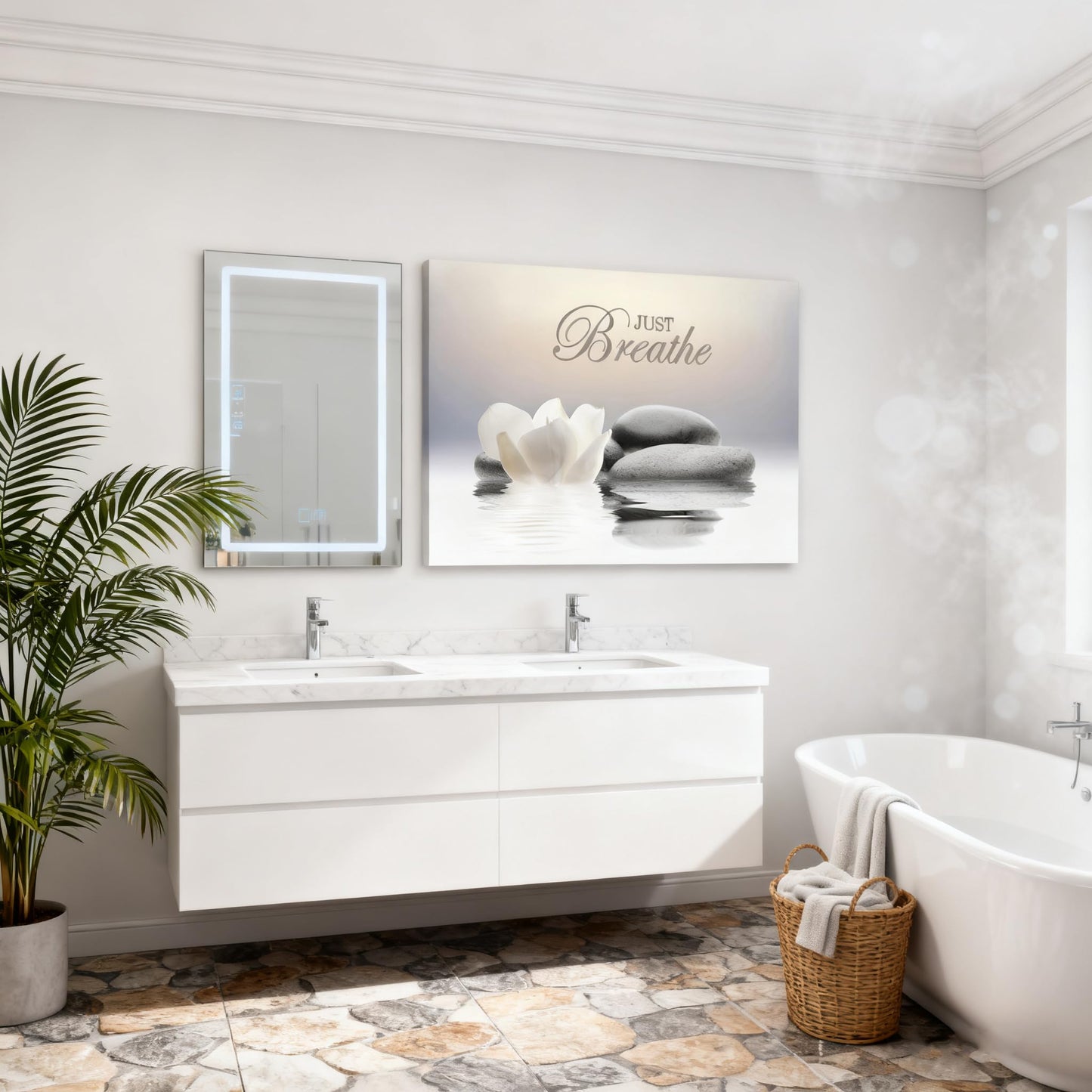 YTAPIFS Zen Stone Wall Art White Lotus Flower Prints Artwork Modern Zen Spa Poster Just Breathe Yoga Quotes Pictures Wall Decor for Yoga Room office Bathroom Meditation room 12 x 16 in