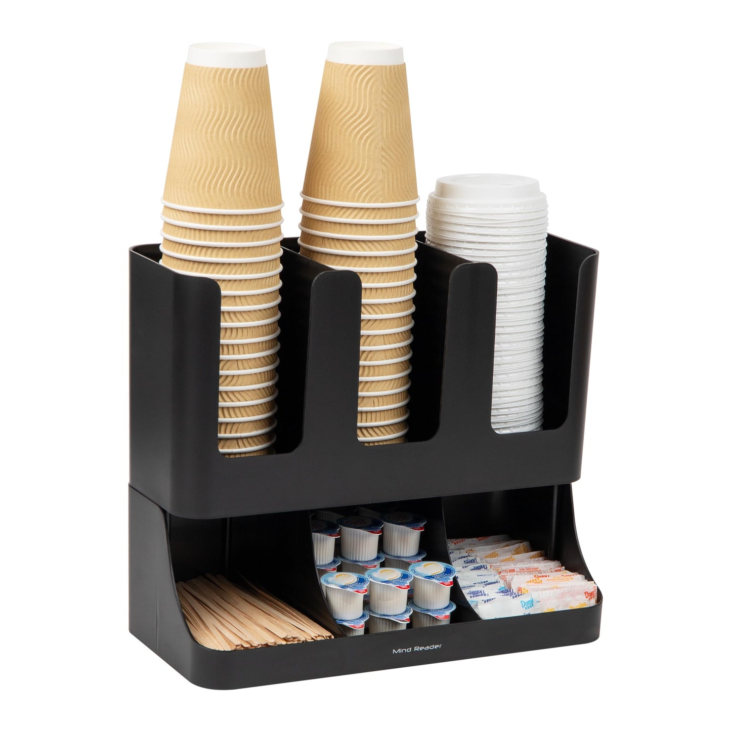 Mind Reader Condiment Station, 13 Inch Countertop Coffee Bar Organizer with 6 Compartments, Storage Caddy for Cups, Lids and Packets, Plastic, Black