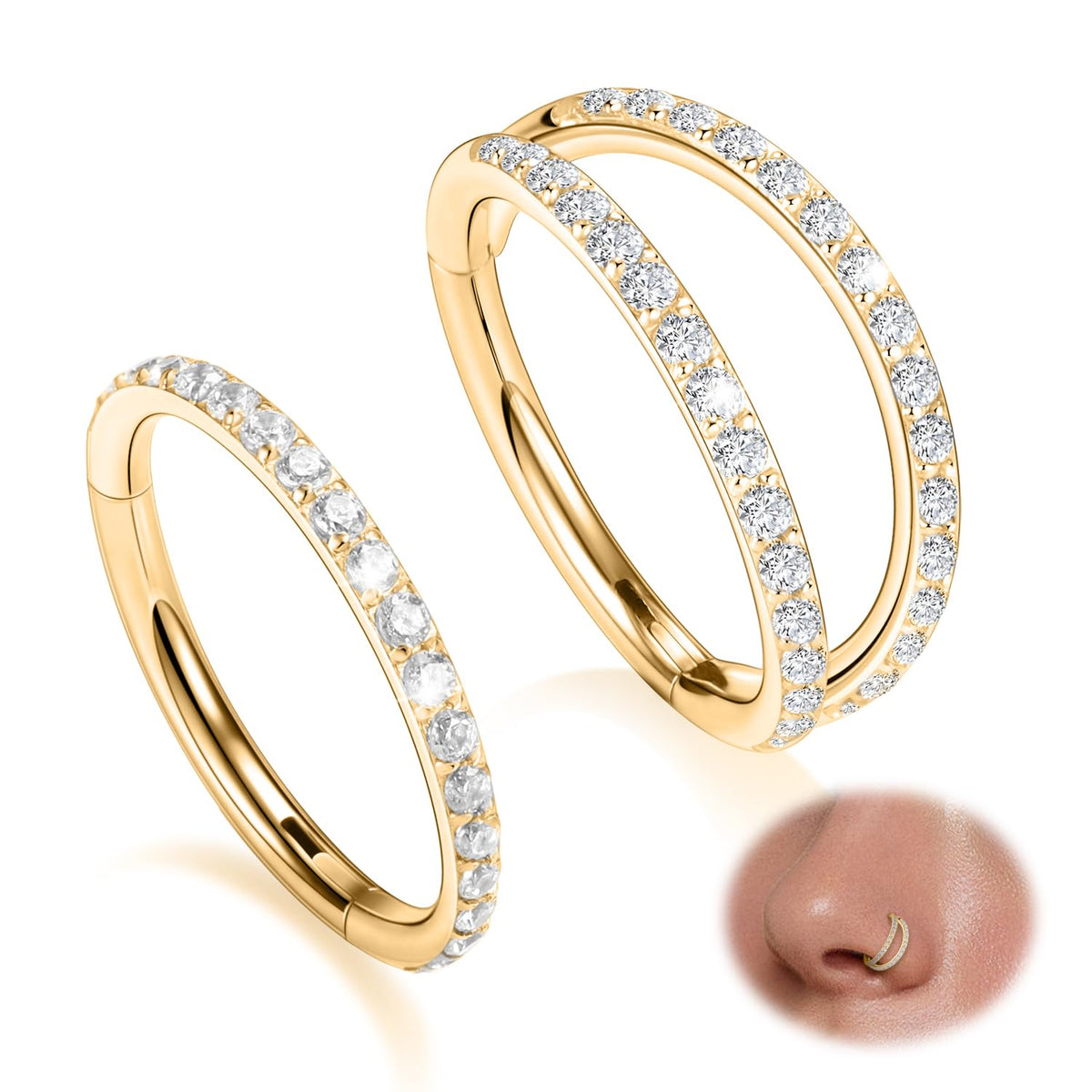 Nose Hoop Gold Double Hoop Septum Ring with CZ Septum Jewelry Surgical Steel Conch Piercing Jewelry Nose Earrings 16g Septum Clicker Lip Rings Helix Earring 12mm Conch Piercing Cartilage Earring