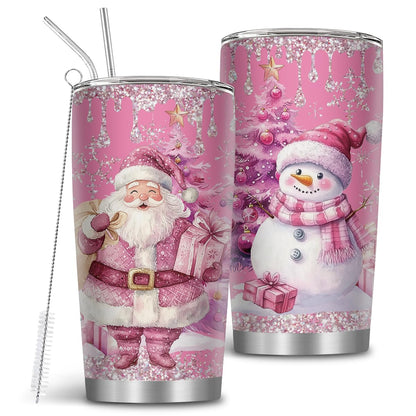 MoYueno Christmas Gifts for Women, 20 Oz Stainless Steel Christmas Tumbler, Xmas Gifts for Mom Daughter Friends, Pink Santa Claus Insulated Cup Water Bottle, Snowman Cup, 1 PCS