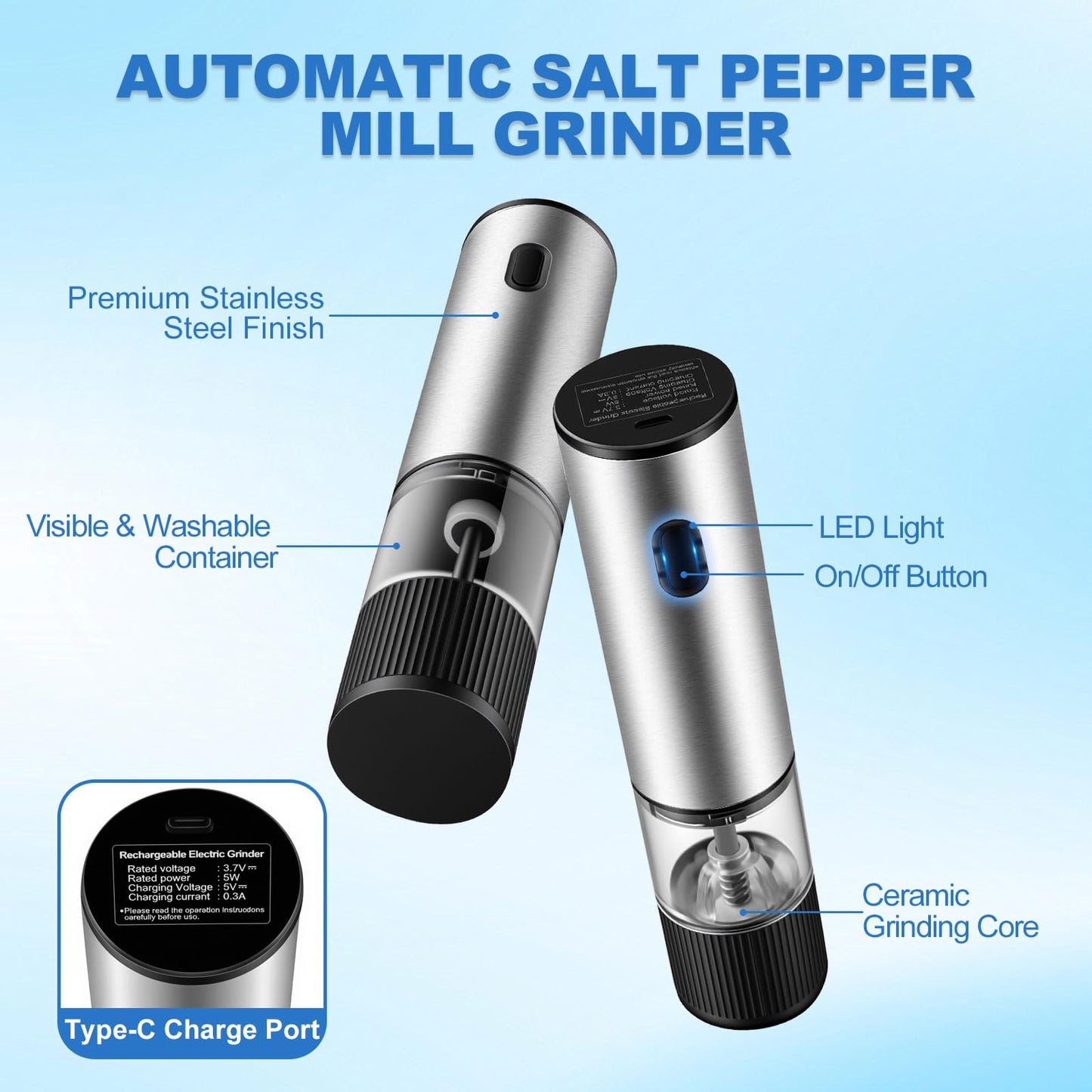 JXAVO 2 Pack Electric Salt and Pepper Grinder Set, Salt and Pepper Shakers with LED Light, USB C Dual Charging Base, Adjustable Coarseness, One-Hand Operation, Large Capacity for Kitchen, Dining & BBQ