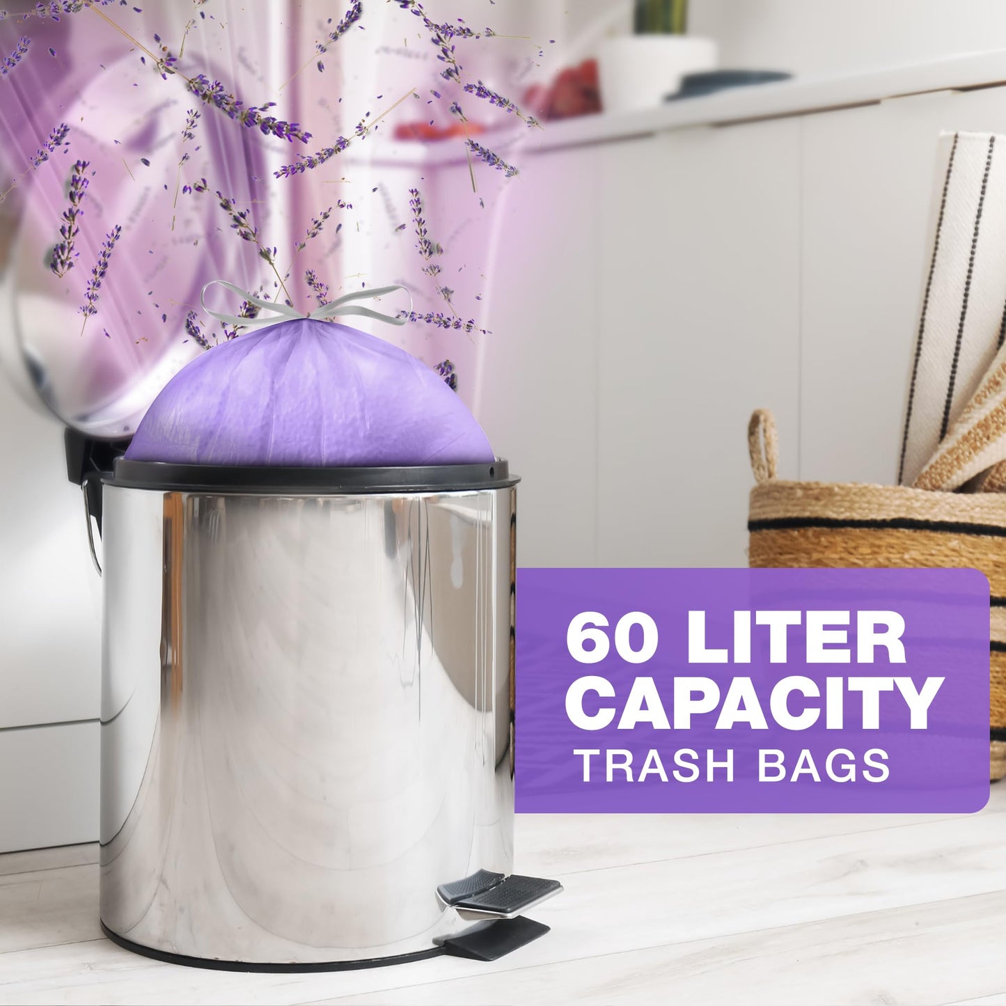 60L Lavender Scented Bin Bags, Waste Bags, Set 3 Rolls Counts 30 bags, Bin Liners with Drawstrings Trash Bags for Kitchen, Office, and Bathroom Bin Liners