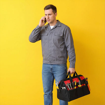 Sanwuta 3 Pack Tool Bag for Men with Waterproof Hard Bottom, Heavy Duty Tool Bag Wide Mouth Tote for Various Instrument, Electrician Carpenter Mechanic (Blue, Red, Yellow,16 Inch,Side Pockets)