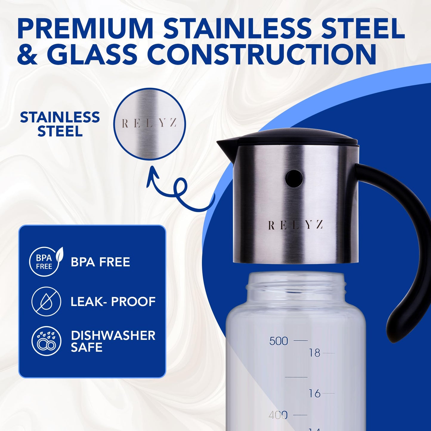 Large Glass Olive Oil Dispenser for Kitchen Cooking, Big 17oz Salad Dressing Container, Soy Sauce Bottle - Leakproof No Drip Stainless Steel Metal Pour Spout, Clear Measuring Markings, Dishwasher Safe