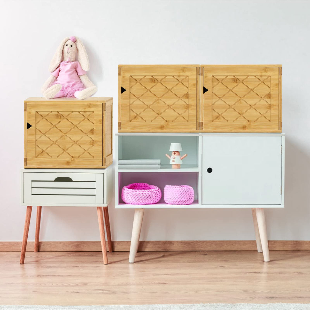 Fasmov Cube Storage Organizer, Bamboo Cube Bookshelf, Stackable Connect Storage Cube Cubby Organizer with Door, Stackable Cubes Bin for Bedroom, Home and Office