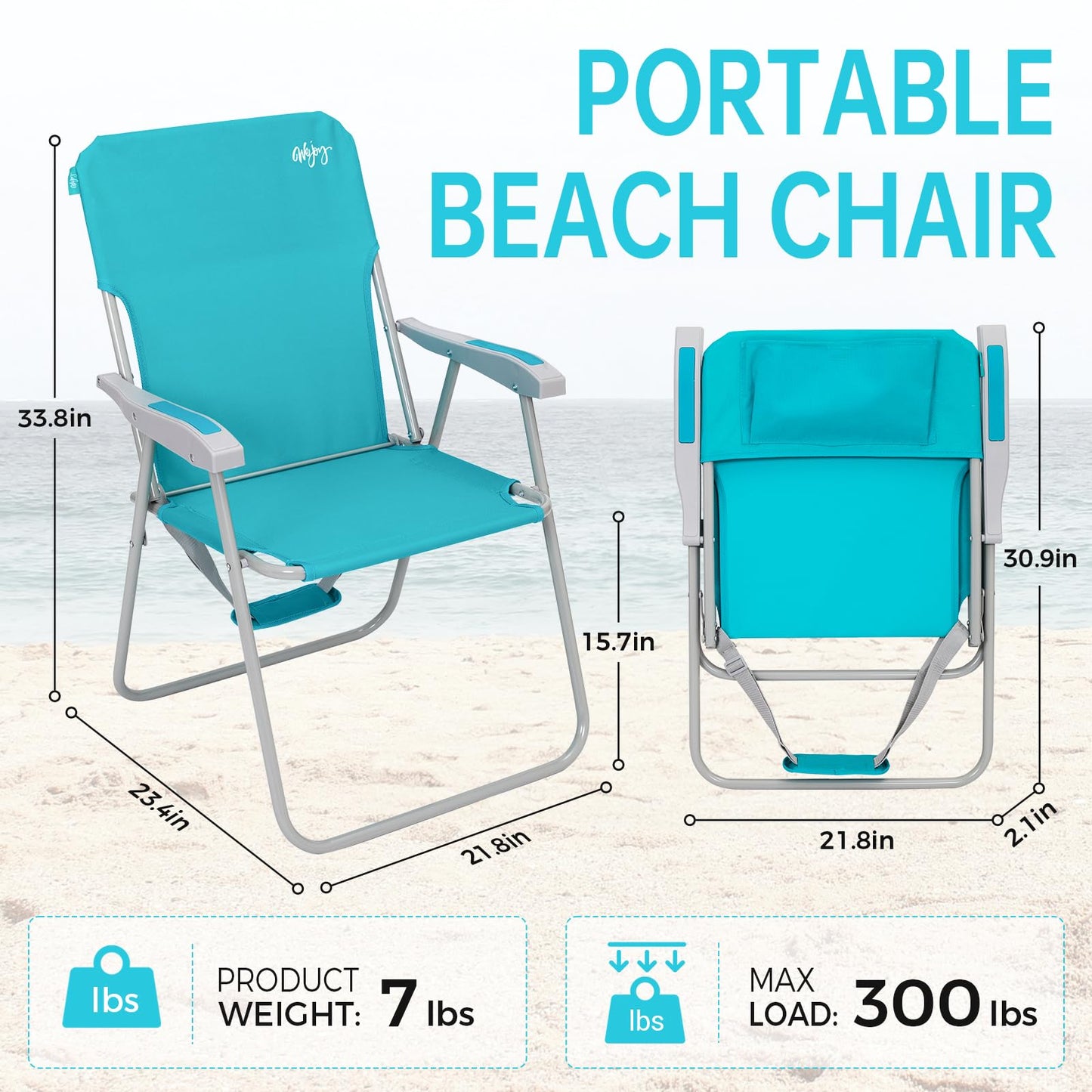 #WEJOY Folding Beach Chair for Adults, Lightweight Beach Chair with Shoulder Straps, High Back Camping Chairs with Hard Armrest, Supports 300lbs for Outdoor Lawn Concert (Cyan)