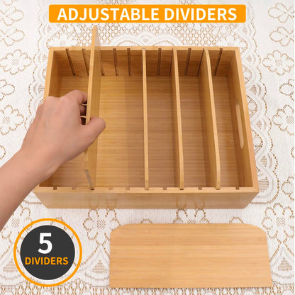 XiaoyuziTF Bamboo Lid Holder Food Container, Kitchen Organizer with 5 Adjustable Dividers, Cabinet Organizer for Food, Kitchen Gadget, Container Lids (2pcs)
