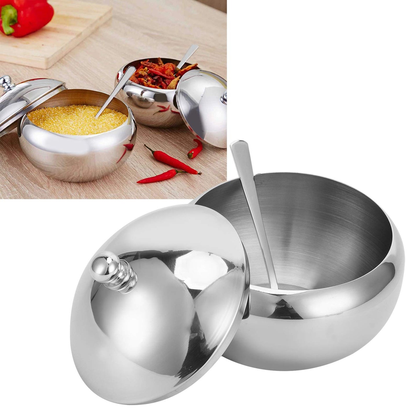 Seasoning Bowl,Stainless Steel Sugar Bowl With Lid and Spoon, Kitchen Storage Bottle Condiment Pots Ideal for Store Sugar, Salt, ,Spices(740ml,25.02OZ)