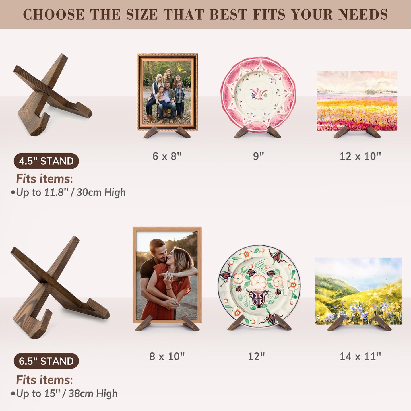 ANBOXIT Plate Stand for Display - 3 Pack 4.5 Inch Holder, Wooden Picture Frame Easel, Decorative Table Top Brown