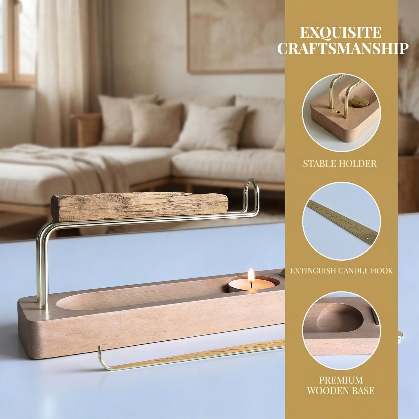 4 in 1 Incense Holder Suit with Wooden Base and Brass Holder, for Burning Palo Santo, Sage Sticks, Holy Wood, Multi-Functional with Ash Catcher and Tealight Candle Holder