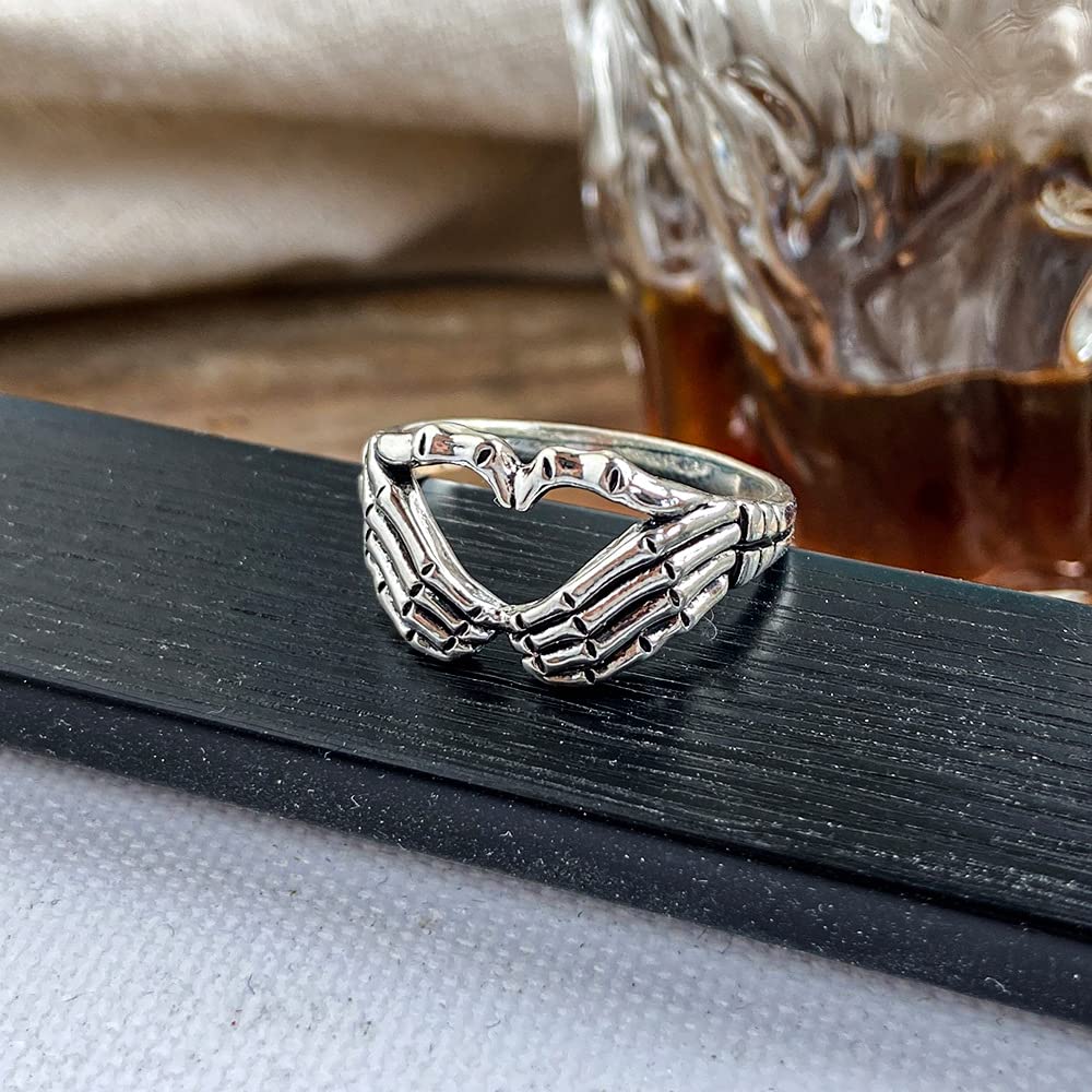 FORUBUS Retro Skull Hand Heart Ring Gothic Style Love Heart Gesture Skeleton Hand Ring for Rock Biker Halloween Trick Costume Jewelry-8