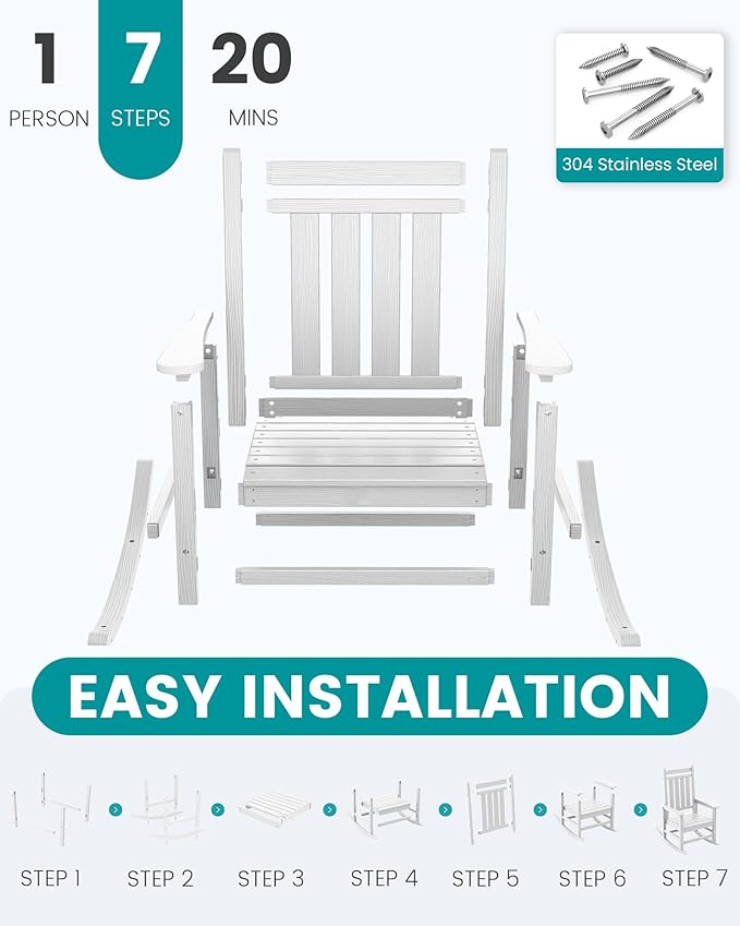 SERWALL Oversized Rocking Chair, Outdoor Rocking Chair for Adults, All Weather Resistant Porch Rocker for Lawn Garden, White
