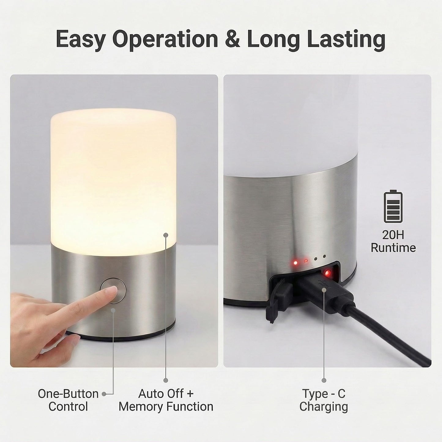 LomakGlow Small Table Lamp - Rechargeable, Portable, Up to 20-Hour Battery Life, 10 Brightness Levels, Auto-Off Timer, Waterproof, Warm Light for Bedside, Travel, Camping & Décor-Nickel Finish